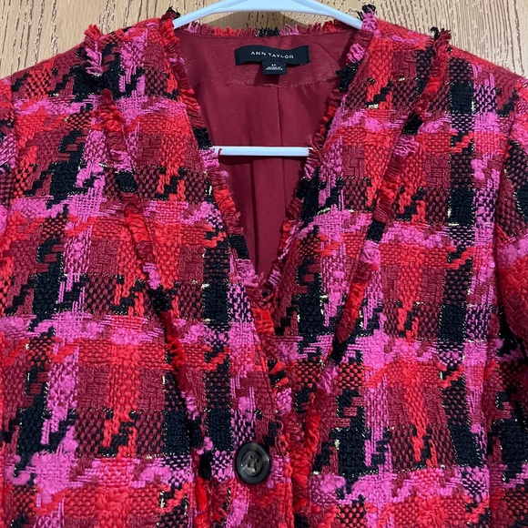 ANN TAYLOR Women’s Pink Multi Long Cardigan Jacket in Houndstooth Tweed Sz-2P - Picture 5 of 12